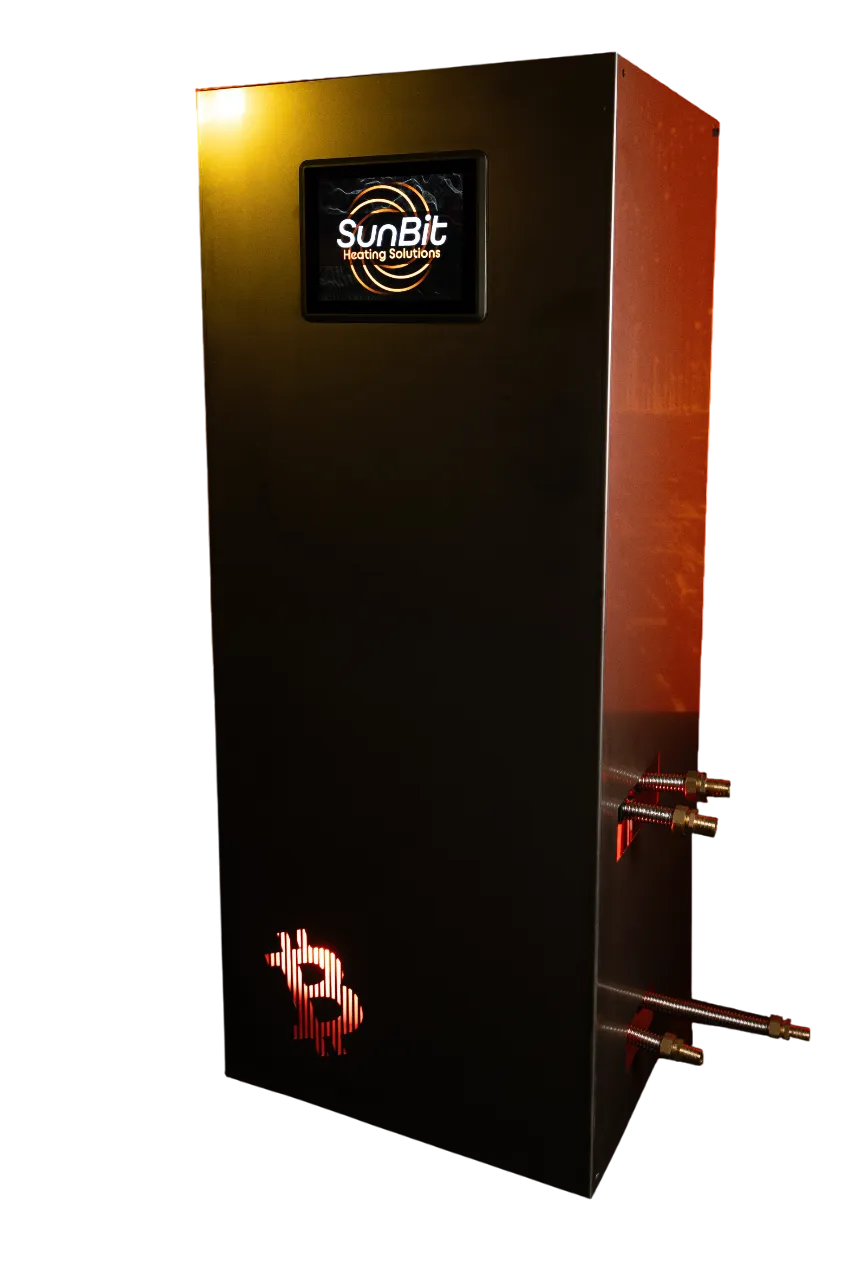 Bitcoin Boiler front view: an upright white heating unit with ventilation grilles and the SunBit logo.