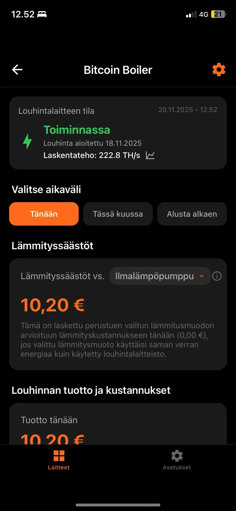 SunBit app on a phone screen showing heating output, mining revenue and savings at a glance.